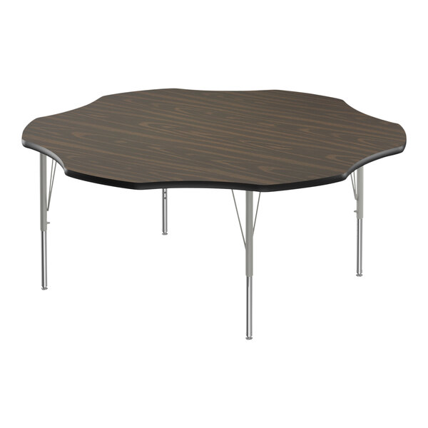 A Correll activity table with a walnut wood top and silver legs with black T-mold.