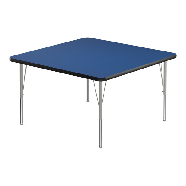 A blue square Correll activity table with silver legs and black edge.