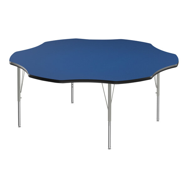 A blue Correll activity table with a black edge and silver legs.