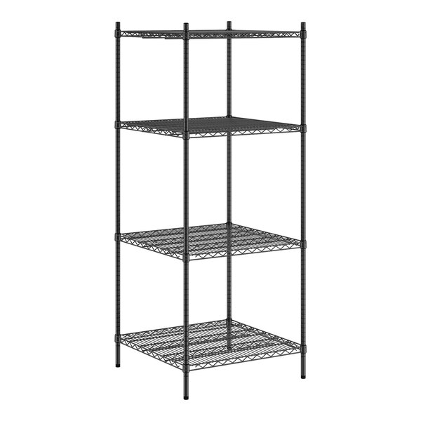 A black Regency metal wire shelving unit with four shelves.