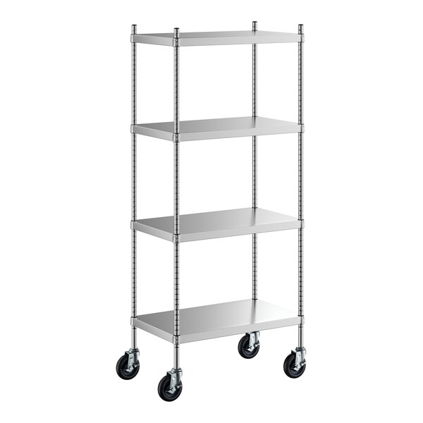 A Regency stainless steel shelving unit on wheels with 4 shelves.