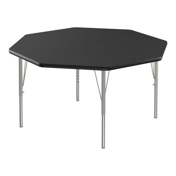 A black hexagon Correll activity table with silver legs.