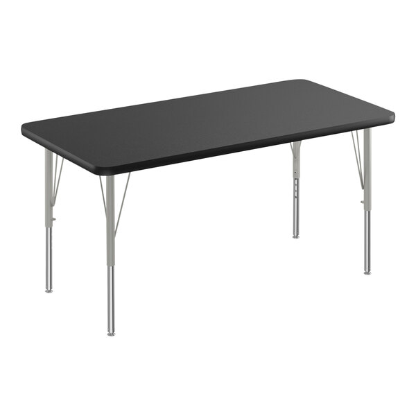 A black rectangular table with silver legs.