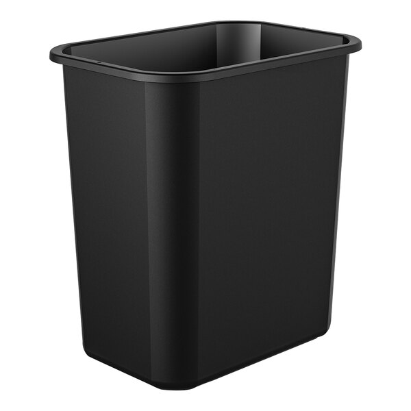 A pack of 12 black plastic Suncast slim rectangular wastebaskets with black lids.