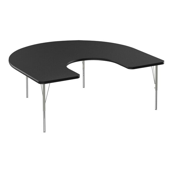 A black table with a half-moon shaped top and metal legs.