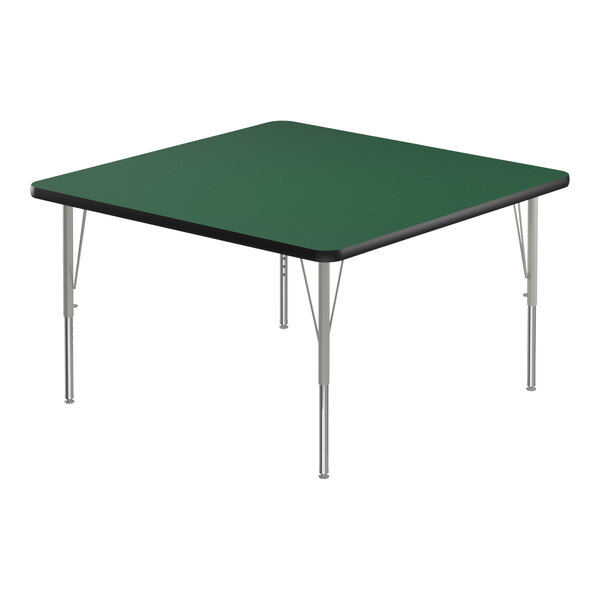 A square green Correll activity table with silver legs.