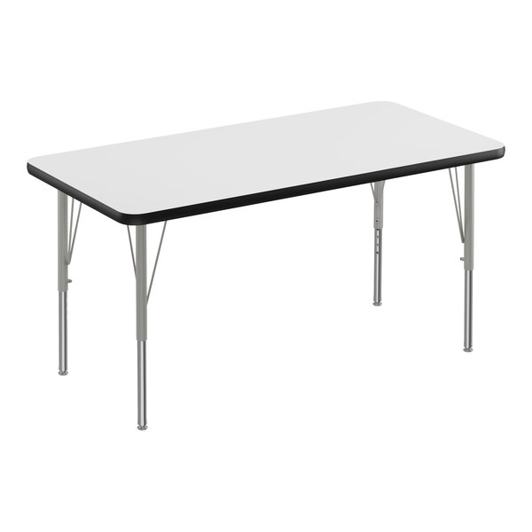 A white rectangular table with black edges and silver legs.