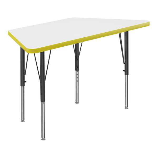 A white and yellow trapezoid table with black legs and yellow trim.