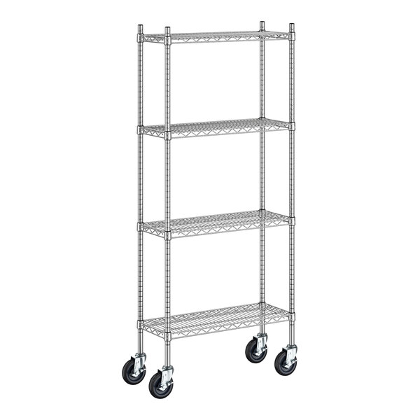 Regency Spec Line 12" Wide NSF Stainless Steel Wire Mobile Shelving Starter Kit with 4 Shelves and 64" Posts