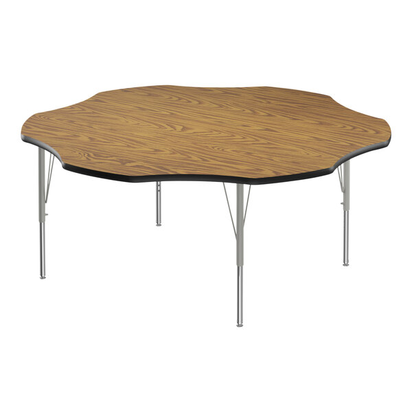 A Correll EconoLine activity table with a medium oak wood surface and silver metal legs.