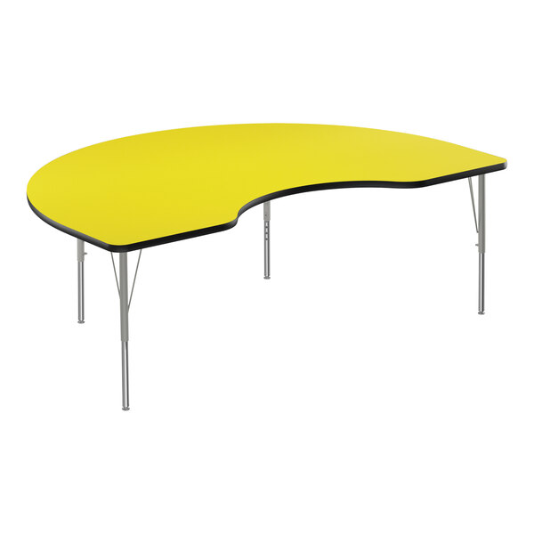 A yellow Correll kidney-shaped activity table with silver legs and black edge.