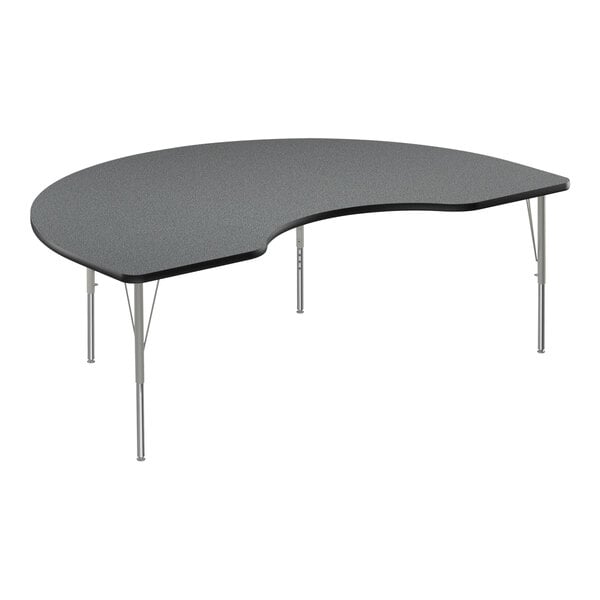A black table with a curved edge and silver legs.
