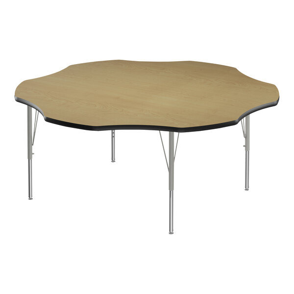 A Correll Flower Fusion Maple activity table with silver legs and black edge.