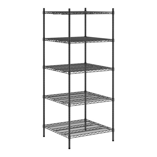A black wire Regency shelving unit with 5 shelves.