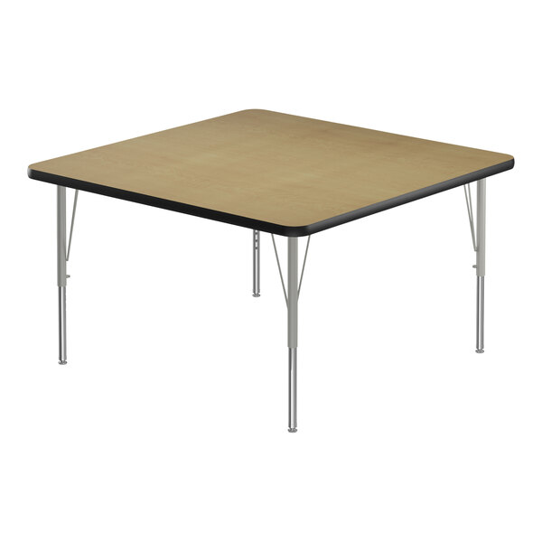 A square Correll activity table with silver legs and black T-mold.