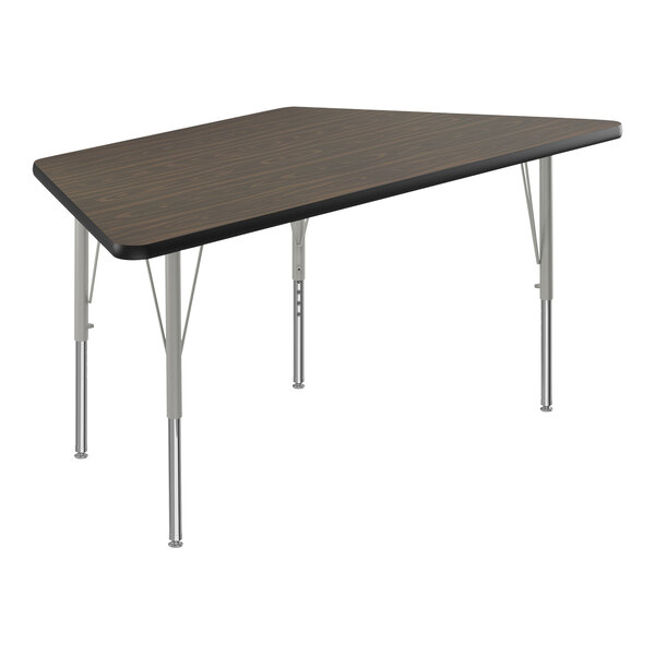A trapezoid table with a walnut top and silver legs.
