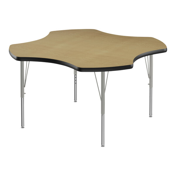 A Correll medium oak activity table with silver legs and black trim.