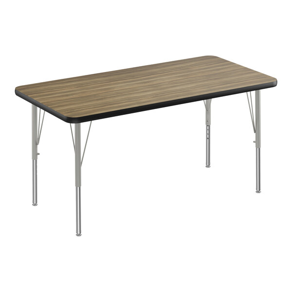 A rectangular wood activity table with silver legs and black edge.