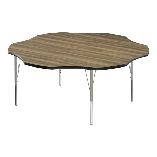 A Correll activity table with a hickory wood top and metal legs.