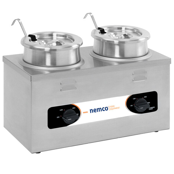 A silver Nemco countertop cooker/warmer with two round pots inside.