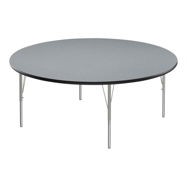 A Correll round activity table with a grey melamine top and silver legs.