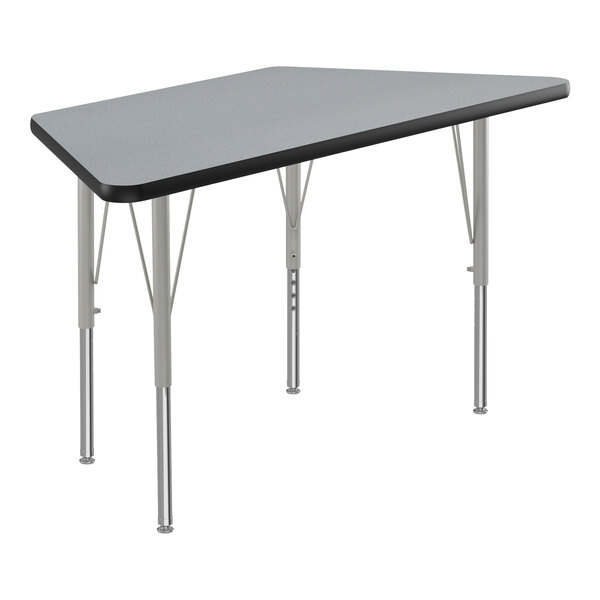 A grey rectangular Correll activity table with black T-mold and silver legs.