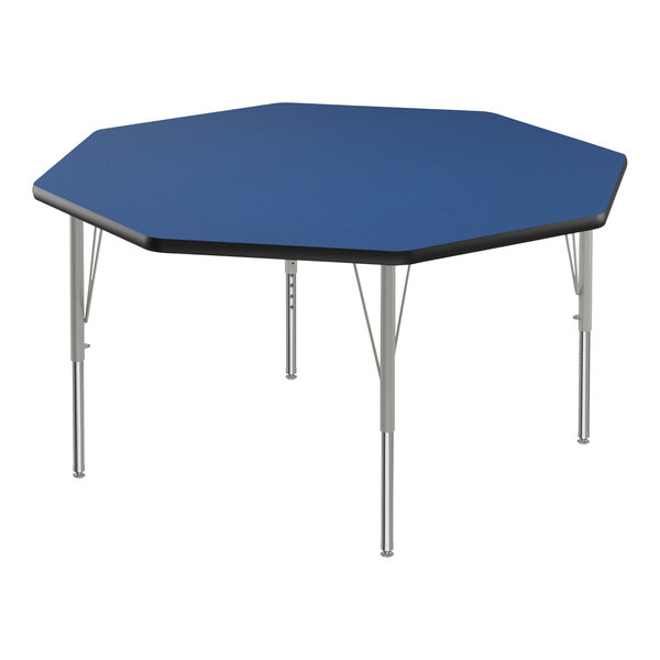 A blue hexagon Correll activity table with silver legs and a black border.