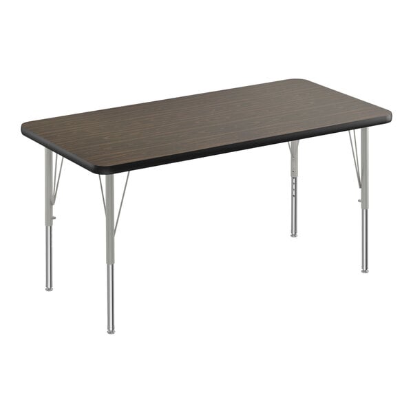 A rectangular Correll activity table with a walnut top, black edge, and silver legs.