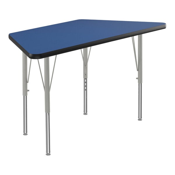 A blue rectangular table with silver legs.