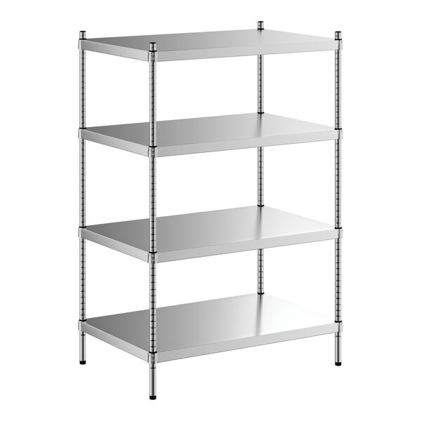 A Regency stainless steel stationary shelving starter kit with four shelves.