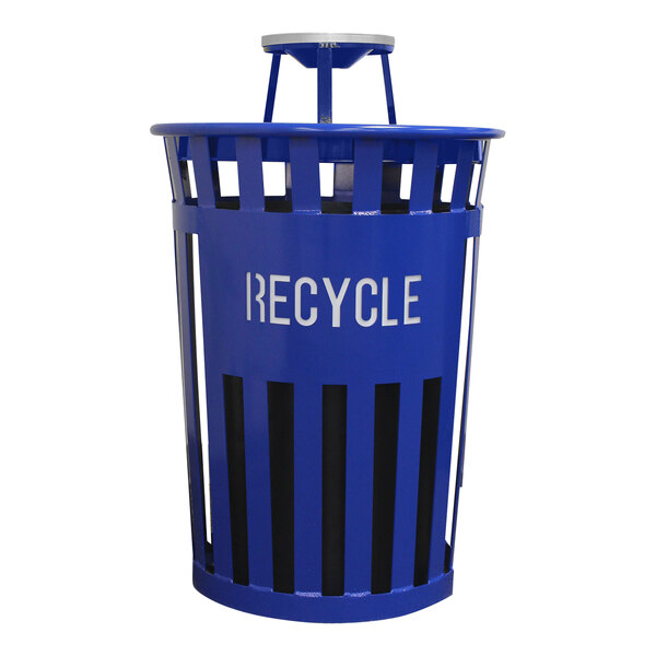 A blue Witt Industries outdoor recycling bin with white text and a blue ash top.