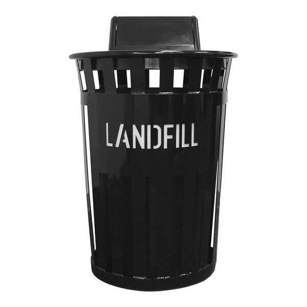 A black Witt Industries Oakley outdoor landfill trash can with swing top lid and white text.