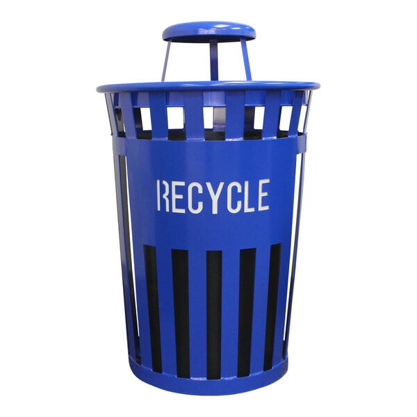 A Witt Industries blue outdoor recycling bin with white text and a rain cap.