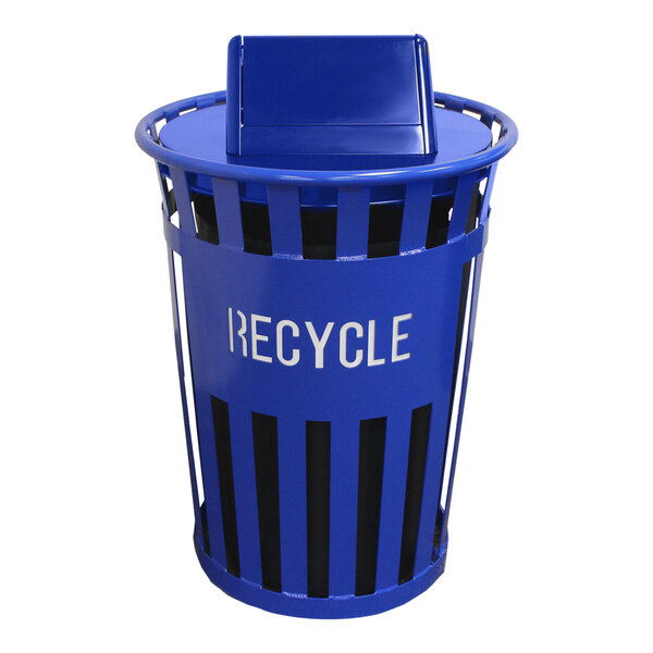A blue Witt Industries outdoor recycling bin with a swing top lid and the word "Recycle" on it.
