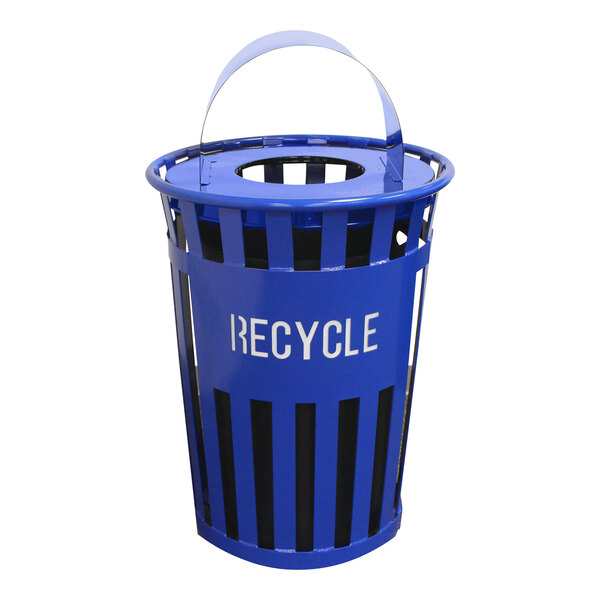 A blue Witt Industries Oakley outdoor recycling bin with metal hood and recycle opening.