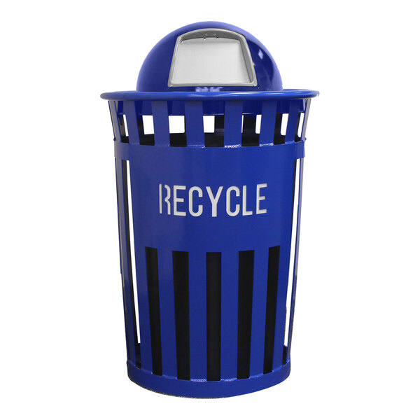 A blue Witt Industries Oakley outdoor recycling receptacle with a white dome lid.