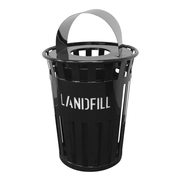A black Witt Industries outdoor landfill receptacle with a metal hood top and handle.