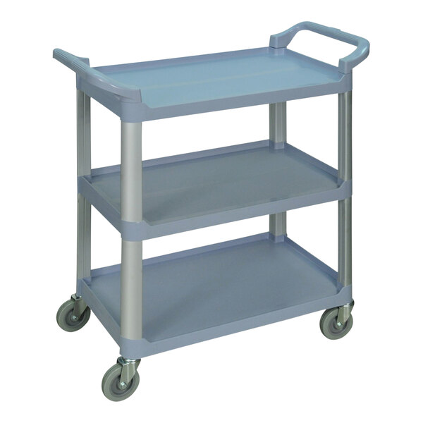 A white three tiered serving cart with wheels.