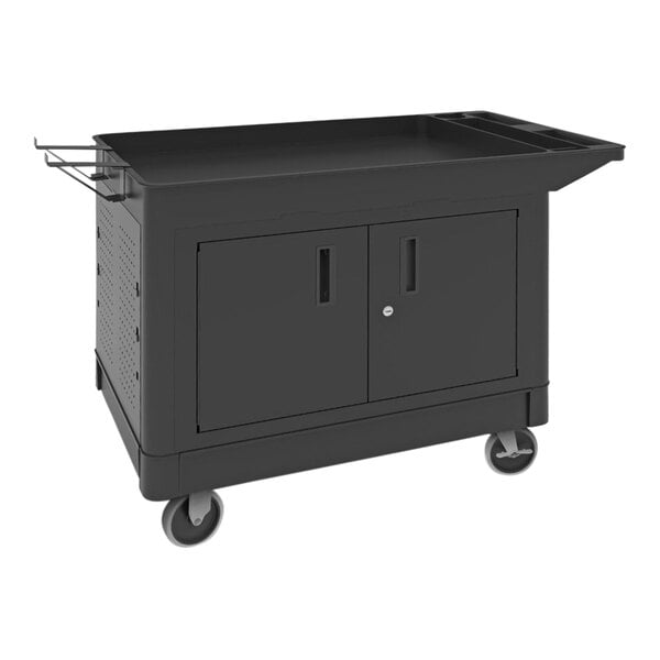 An industrial black utility cart with wheels.