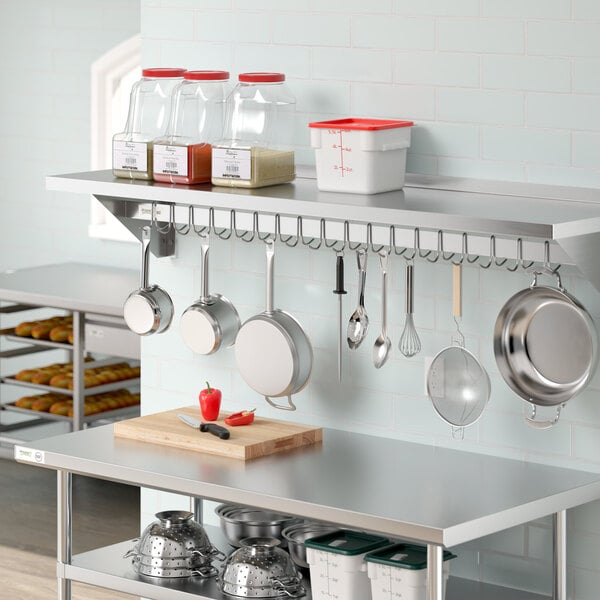 Regency 18" x 72" Stainless Steel Wall-Mounted Pot Rack with Shelf and 18 Galvanized Hooks