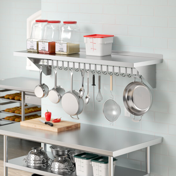 Regency 18" x 60" Stainless Steel Wall-Mounted Pot Rack with Shelf and 18 Galvanized Hooks