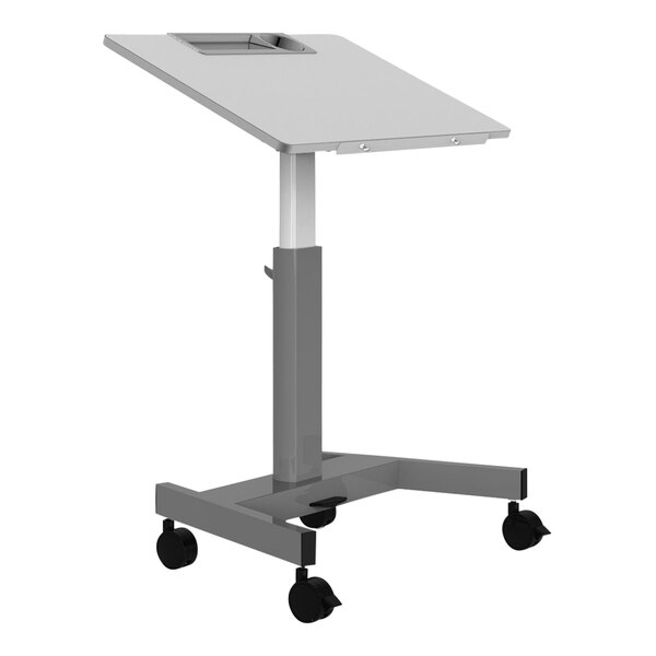 A grey PNE adjustable height student desk with wheels.