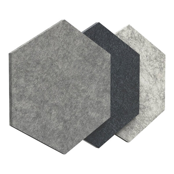 A group of Luxor Reclaim hexagon tiles in three different colors.