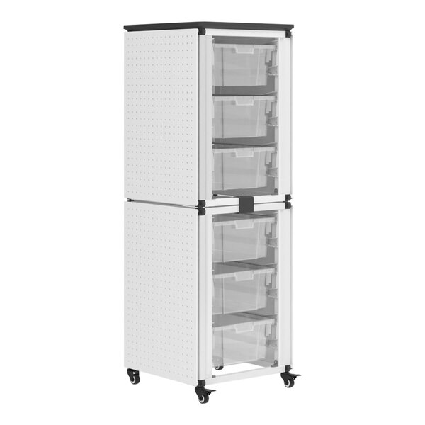 A black and white Luxor storage cabinet with large bins and whiteboards.