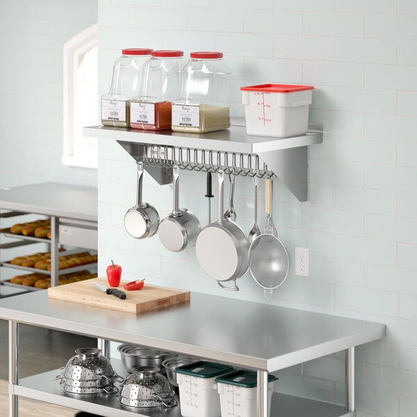 Regency 18" x 36" Stainless Steel Wall-Mounted Pot Rack with Shelf and 18 Galvanized Hooks