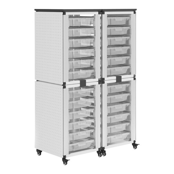 A black and white Luxor storage cabinet with whiteboards and pegboards over plastic bins.