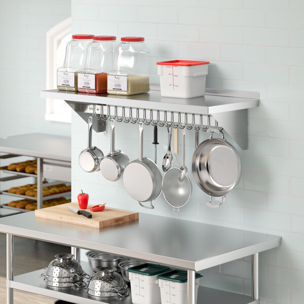 Regency 18" x 48" Stainless Steel Wall-Mounted Pot Rack with Shelf and 18 Galvanized Hooks