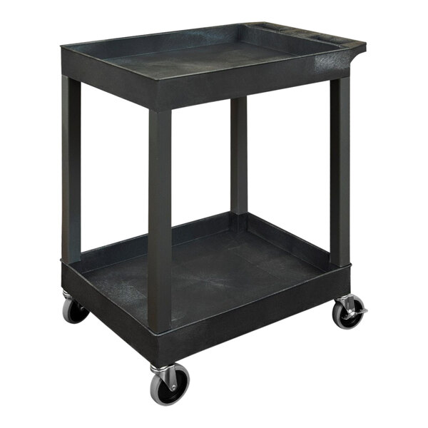 A black plastic utility cart with wheels.