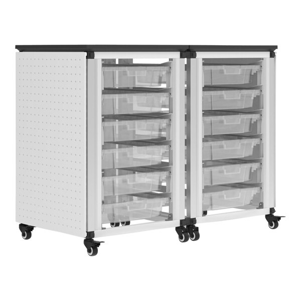 A white Luxor double side-by-side storage cabinet on wheels with whiteboard and plastic bins inside.