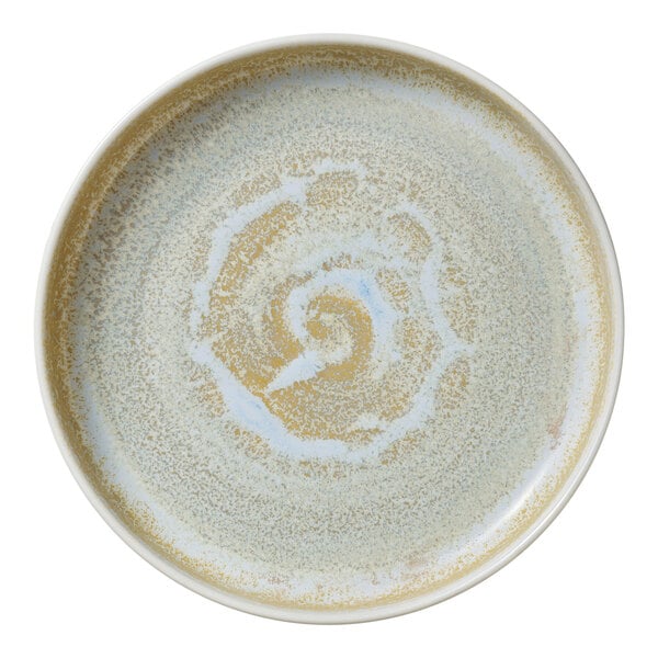 A white Heart & Soul porcelain plate with raised spiral designs on the rim.